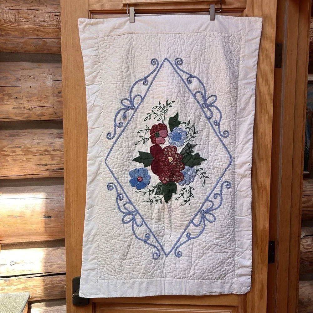 VTG Embroidered Quilted Floral Pillow Sham Case Oversized Patchwork Cottagecore